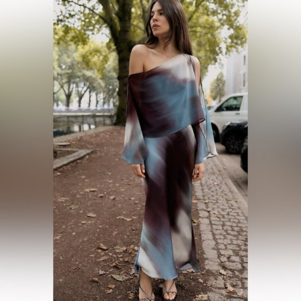ZARA SATIN EFFECT PRINT CAPE DRESS